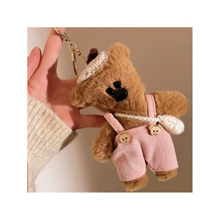 Brelok do kluczy, pluszowy brązowy miś w ogrodniczkach i berecie, róż BRL402R