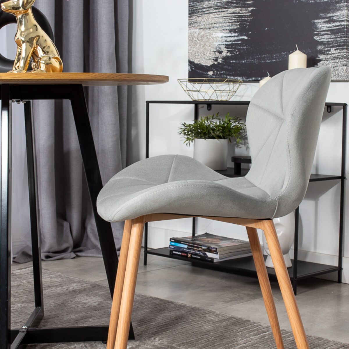 Krzesło tapicerowane welurowe szare jasne nogi do salonu jadalni