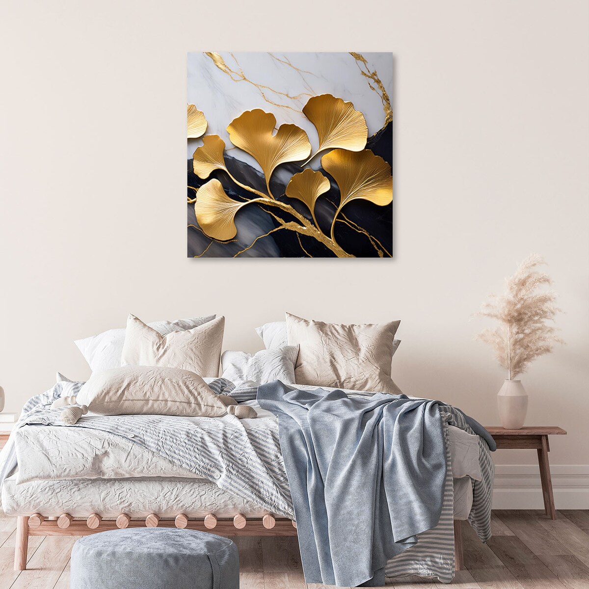 Stylowy Obraz na płótnie na ścianę Kwiaty Ginko Botanika Marmur Szaro Złoty 60x60