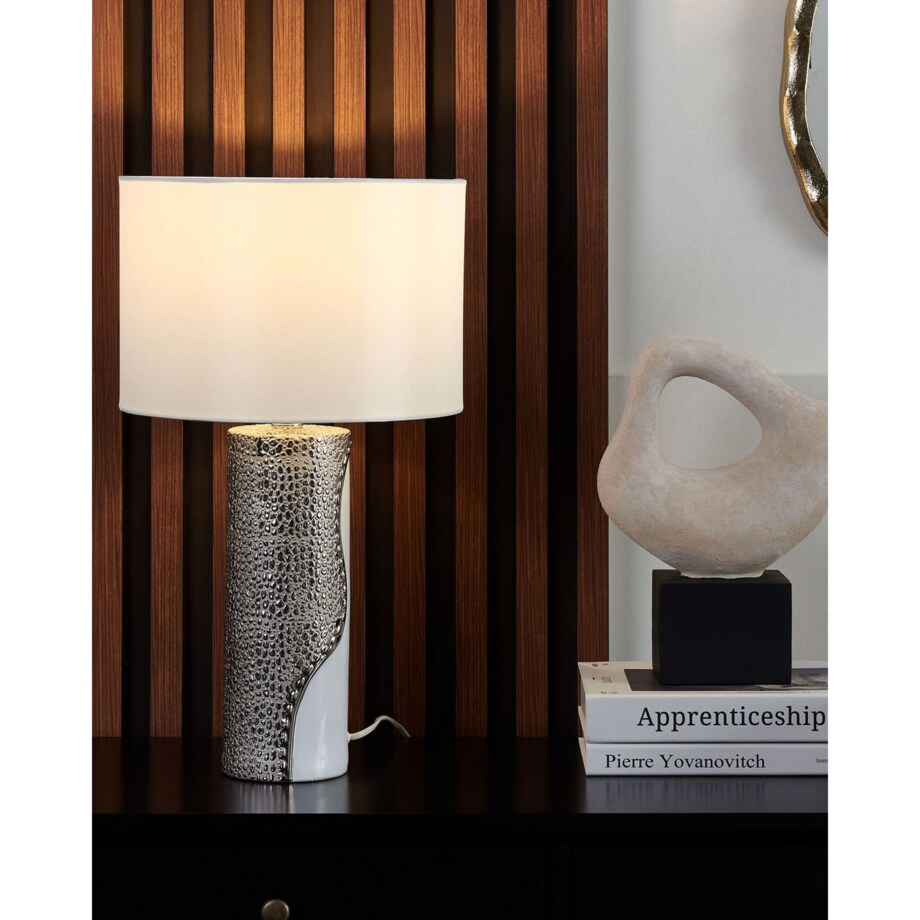 Lampka nocna porcelanowa biało-srebrna AIKEN