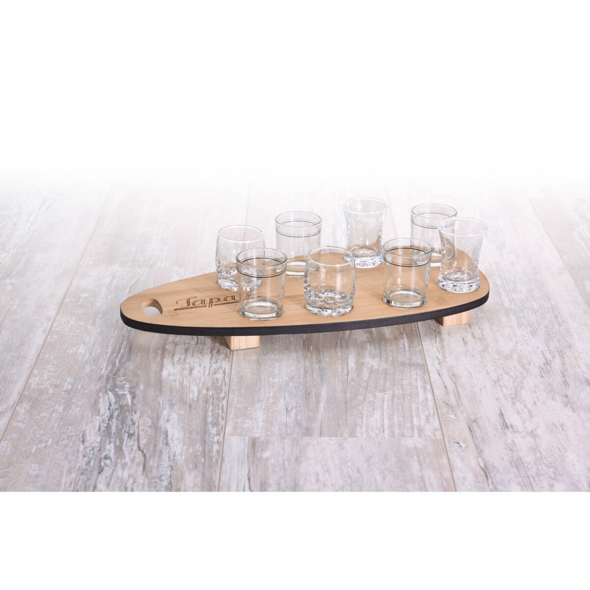 Zestaw do przekąsek, 8 szklanek na bambusowej tacy