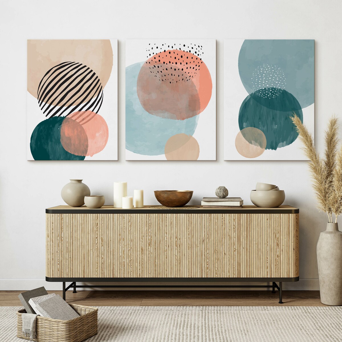 OBRAZY DO SALONU SET AKWARELE KOŁA ABSTRAKCJA MINIMALIZM 90x40cm