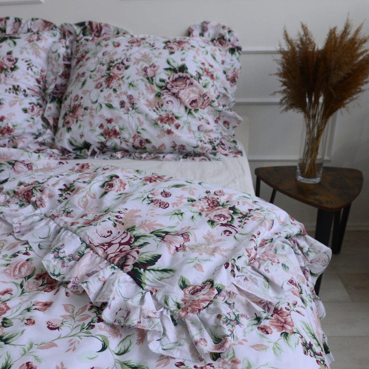 Pościel Bawełniana Z Falbanką Zestaw Komplet Retro Kwiaty Dziecięca 135X200 Cm + Poduszka 70X80 Cm