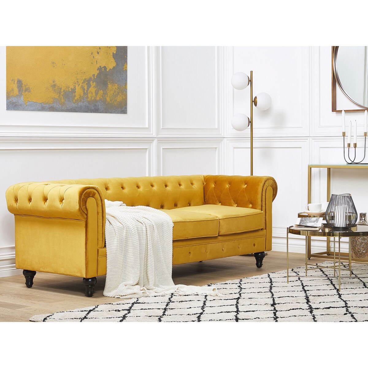 Sofa CHESTERFIELD Welur Musztardowy dla 3 osób