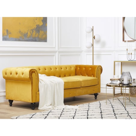 Sofa CHESTERFIELD Welur Musztardowy dla 3 osób