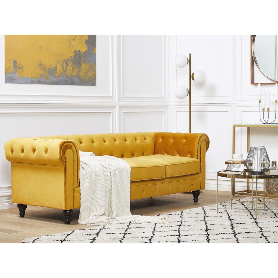 Sofa CHESTERFIELD Welur Musztardowy dla 3 osób