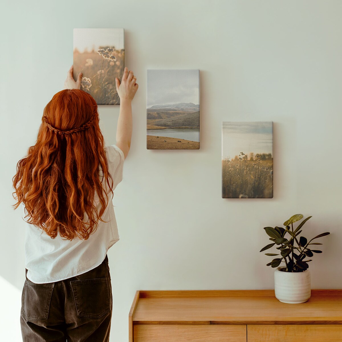 Zestaw 3 małych obrazów na płótnie - Krajobrazy łąki góry jezioro - brązowy