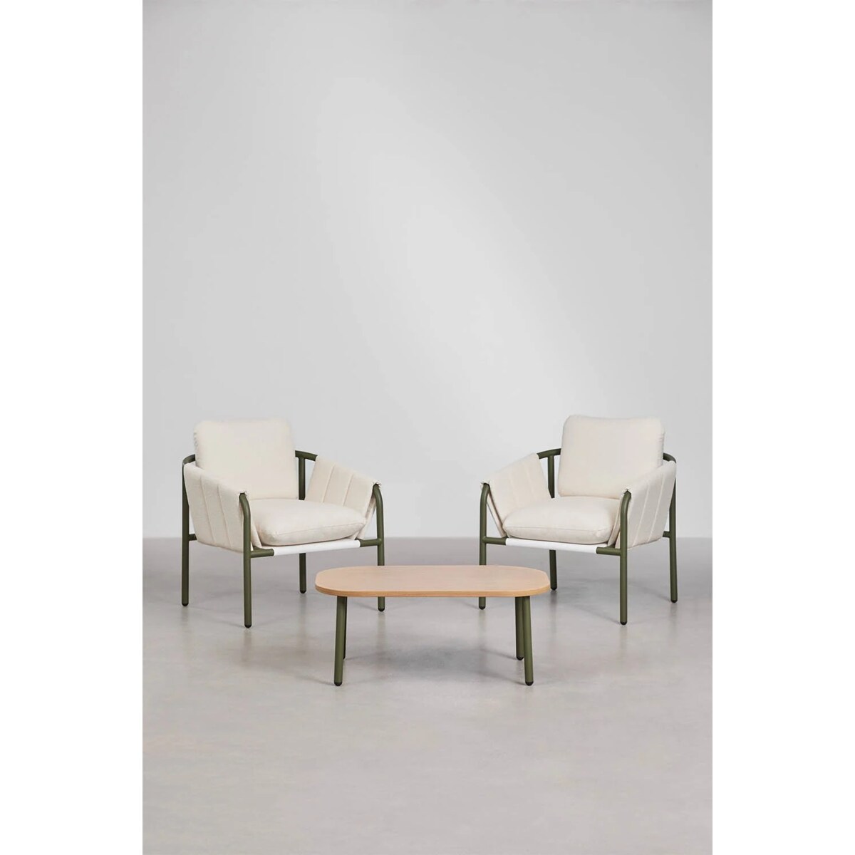 Zestaw ogrodowy z 2 tapicerowanymi fotelami i stolikiem kawowym ze stali Zunika