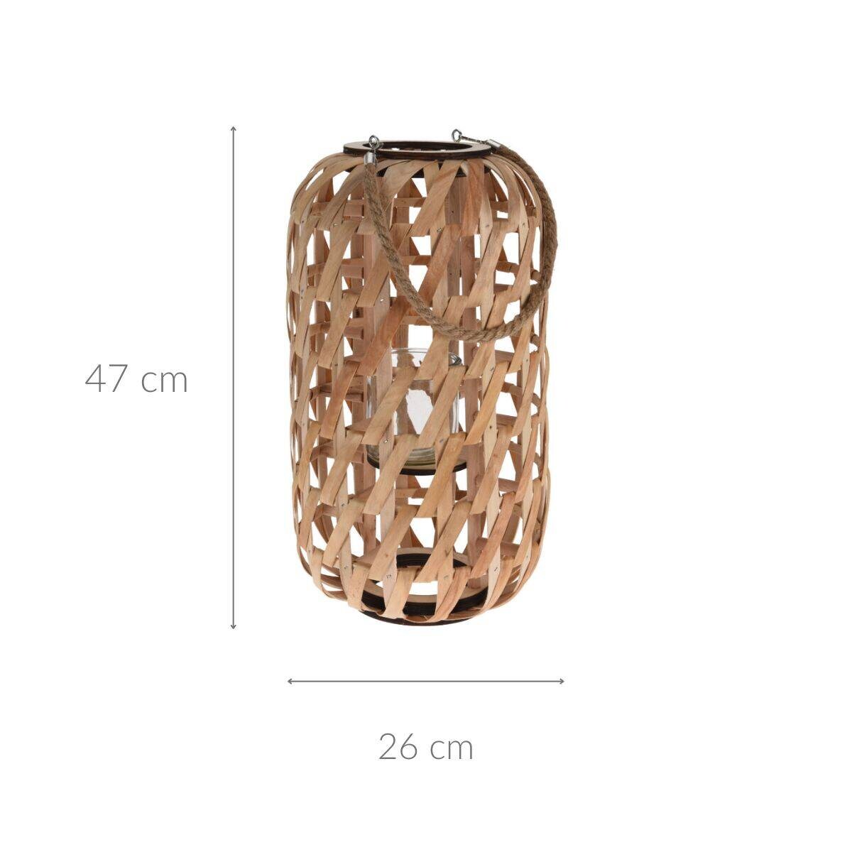 Drewniany lampion, minimalistyczna plecionka i uchwyt ze sznurka