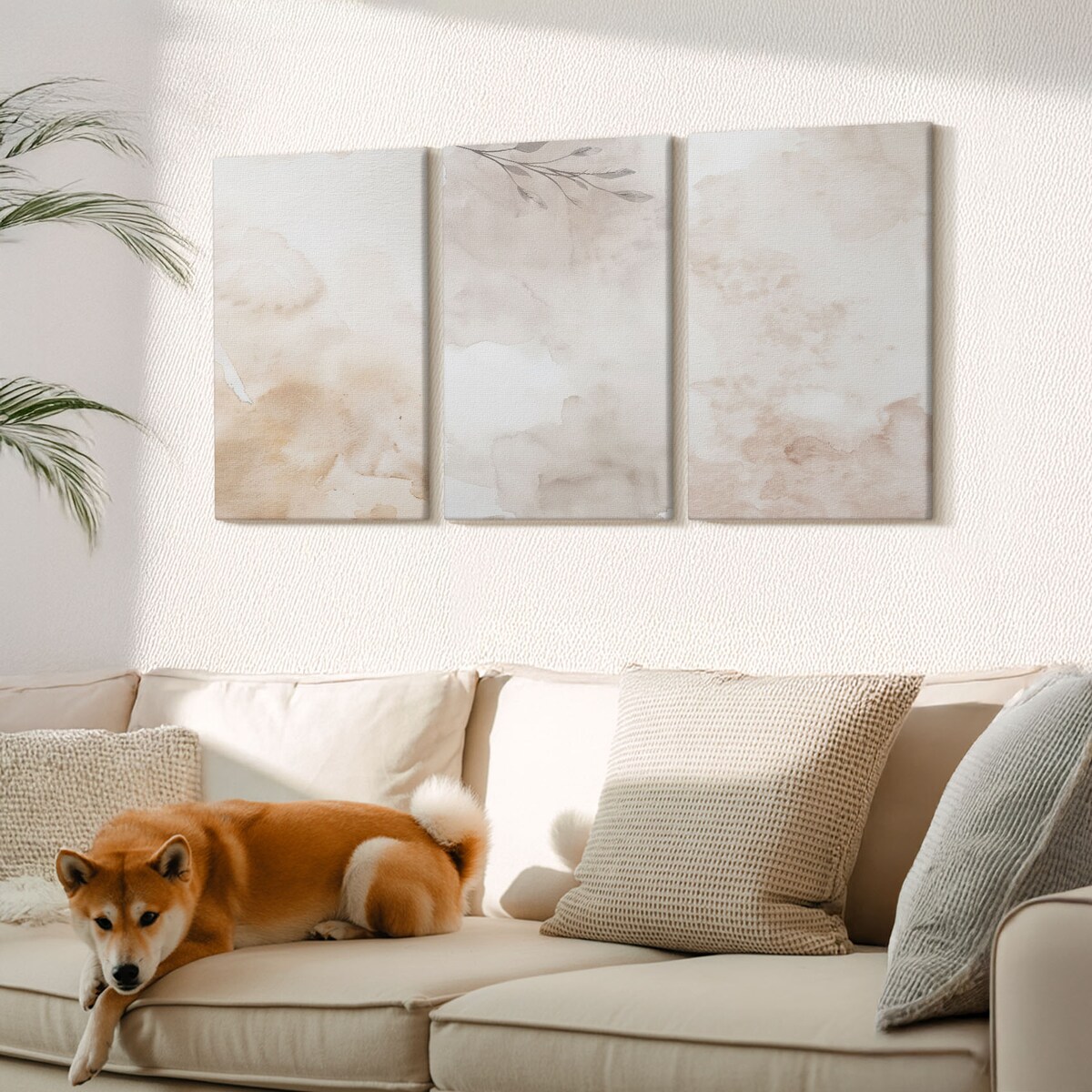 Zestaw 3 dużych obrazów na płótnie - Akwarelowe liście pastelowe - beżowy