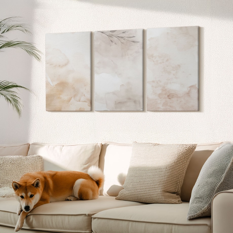 Zestaw 3 dużych obrazów na płótnie - Akwarelowe liście pastelowe - beżowy