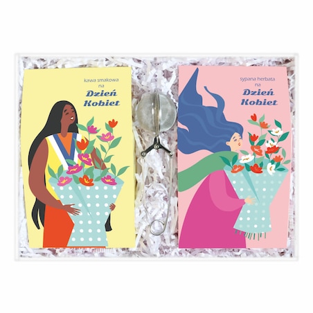 Zestaw prezentowy dla Niej. Box z kawą i herbatą na Dzień Kobiet - prezent upominek. Zestaw 10 herbat sypanych, zestaw 10 kaw smakowych oraz elegancki zaparzacz w kształcie agrafki