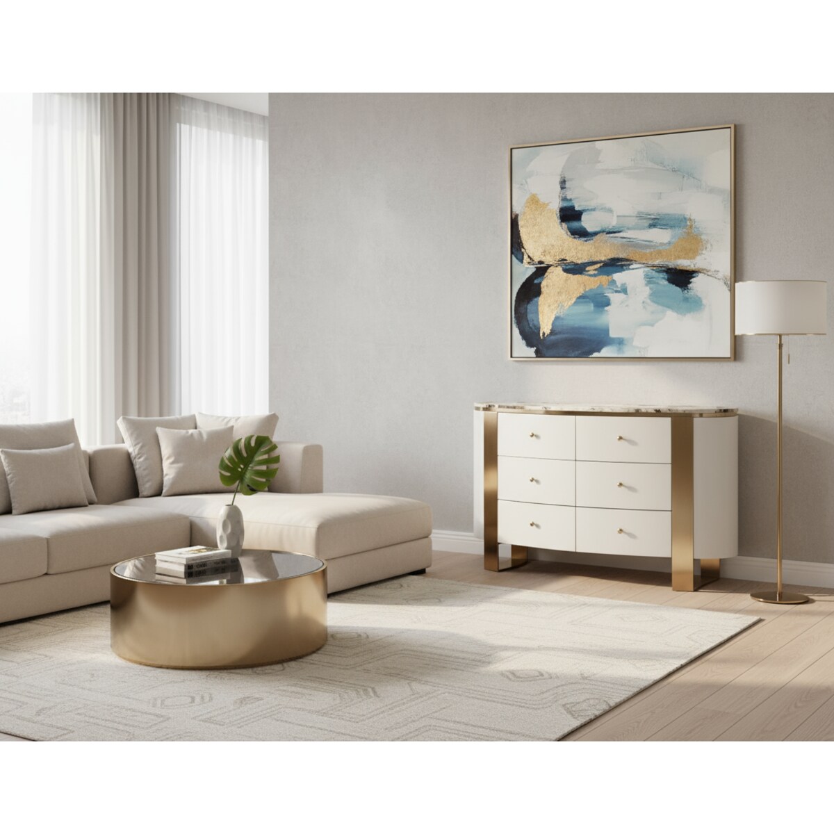 Komoda biała Sofia na złotych nogach z kamiennym blatem 140x40x85