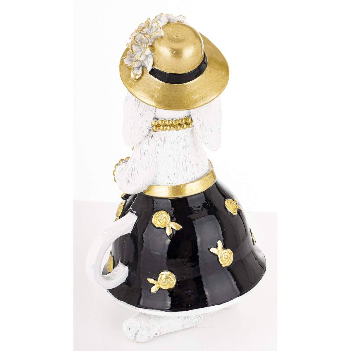 Dekoracja - biała króliczka w złotym kapeluszu 17x10x9 cm czarna spódniczka