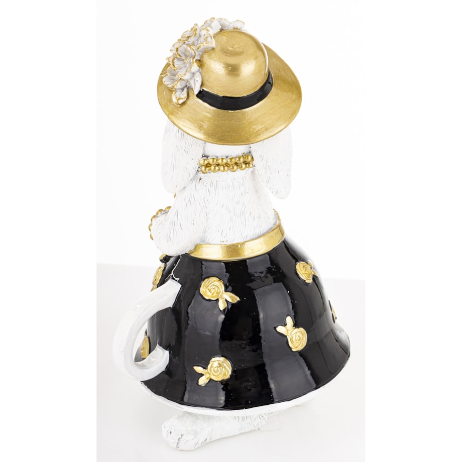 Dekoracja - biała króliczka w złotym kapeluszu 17x10x9 cm czarna spódniczka