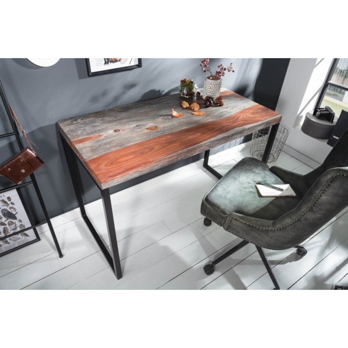 Biurko z drewnianym blatem Elements 40280 metalowa rama szara, King Home