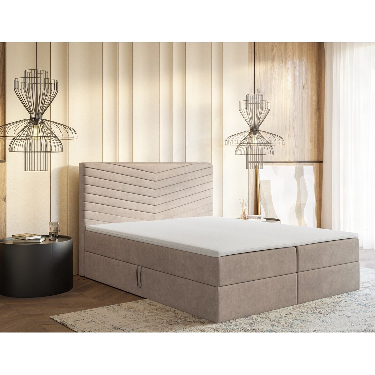 Łóżko kontynentalne G4 do sypialni 180x200 z pojemnikiem i materacem-beżowe