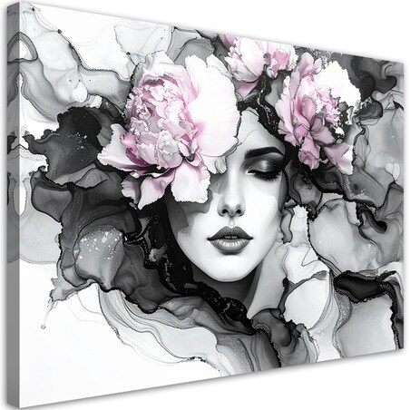 Obraz czarno biały do salonu sypialni, Kobieta z kwiatami na głowie 120x80