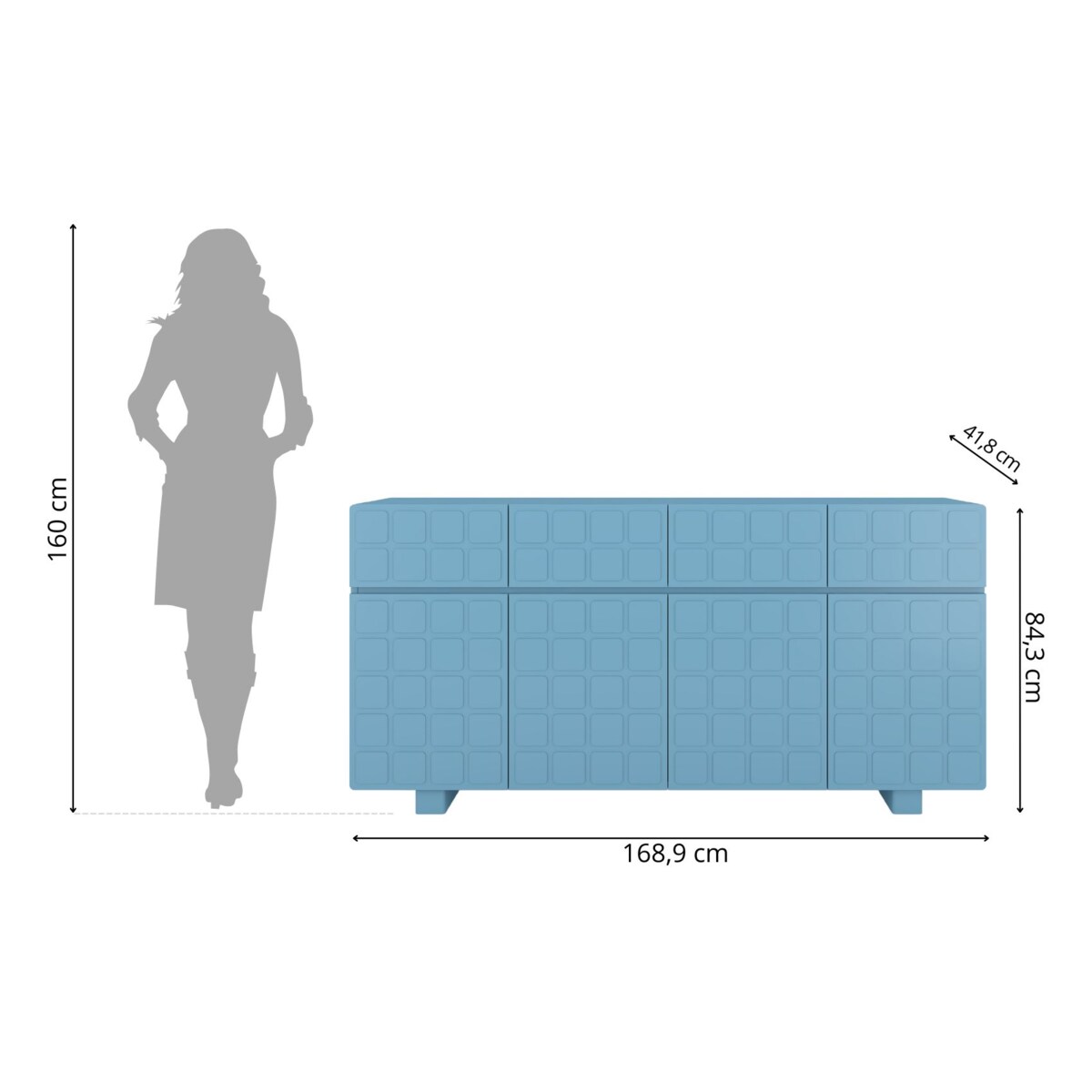 Nowoczesna komoda z frontami 3D Skandica CUBO LONG / kolor pastelowy niebieski / szer. 169 cm