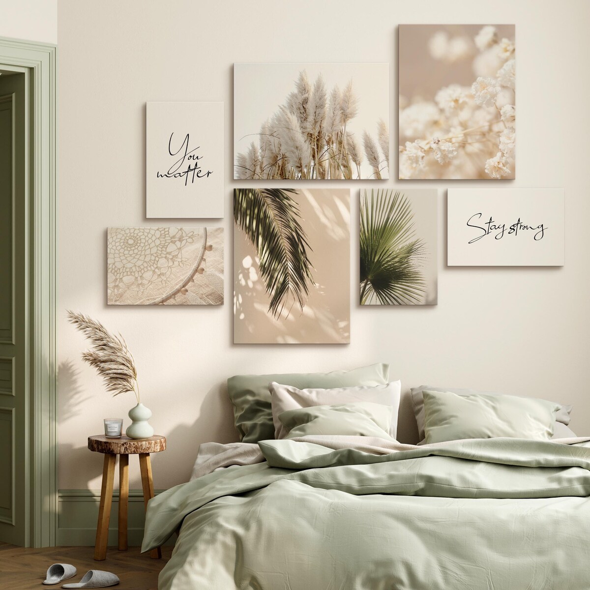 ZESTAW OBRAZÓW DO SALONU TRAWY LIŚCIE TROPIKALNE MAKRAMA STYL BOHO 110x80cm