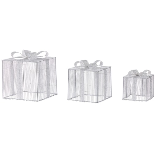 Zestaw 3 dekoracji ogrodowych LED prezenty świąteczne 25 cm srebrny ARNES