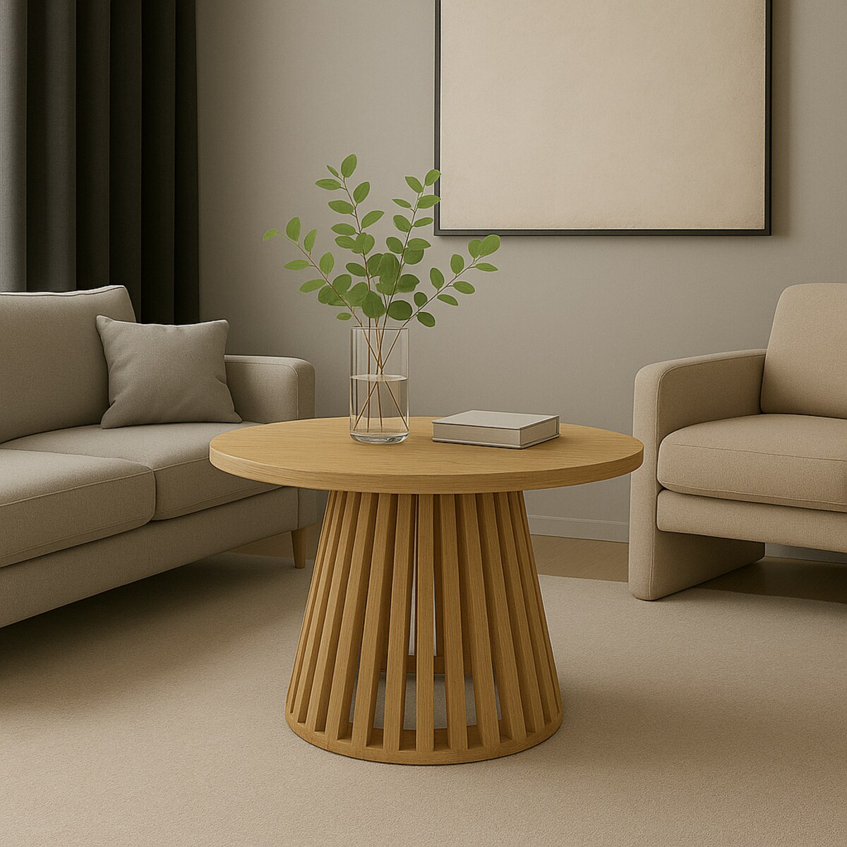 Drewniany stolik kawowy z lamelami okrągły - kolor Buk natura