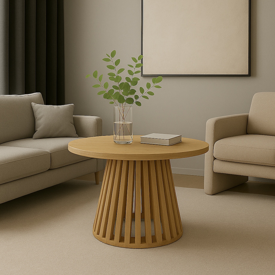 Drewniany stolik kawowy z lamelami okrągły - kolor Buk natura