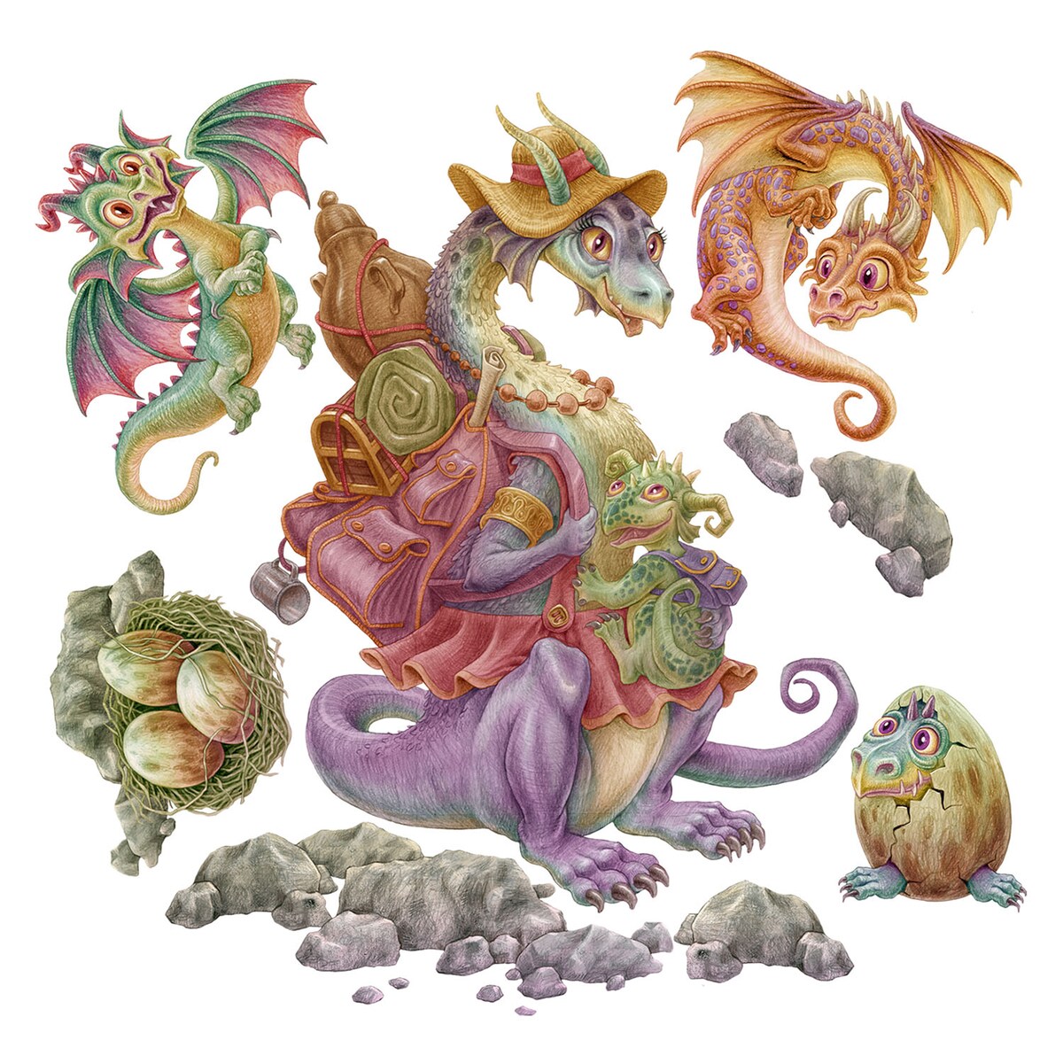 Zestaw naklejek na ścianę, Rodzina smoków, 130cm