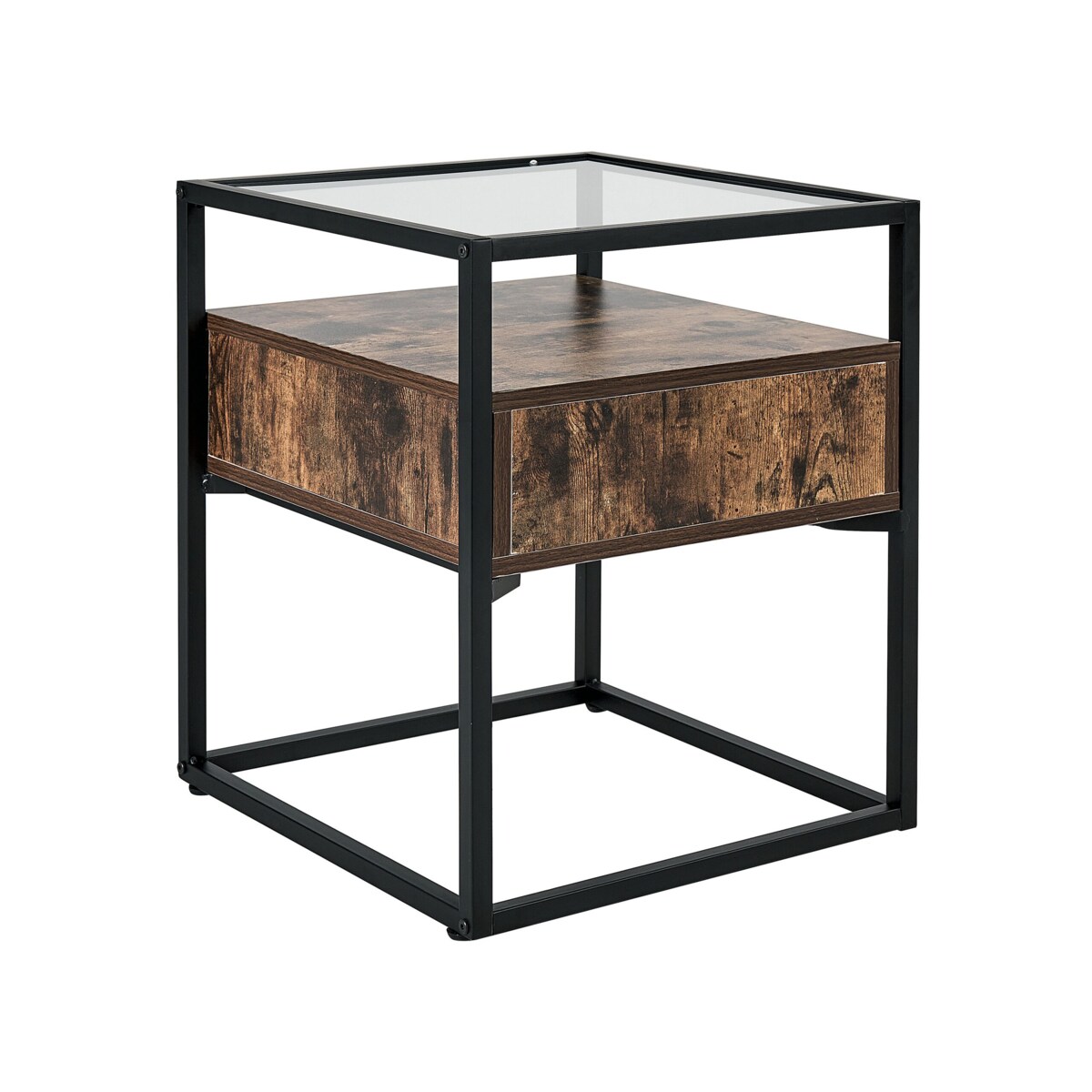 Stolik pomocniczy z szufladą szklany ciemne drewno z czarnym MAUK