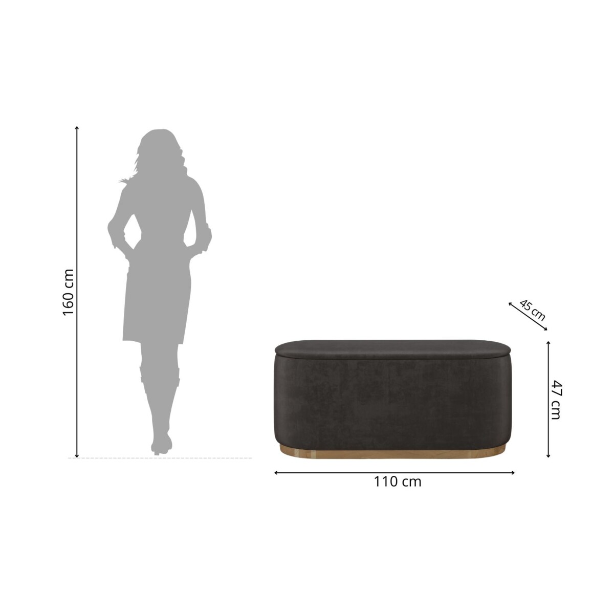 Tapicerowany owalny puf ze schowkiem Dancan SCARLETT na złotej podstawie / szer. 110 cm / szary