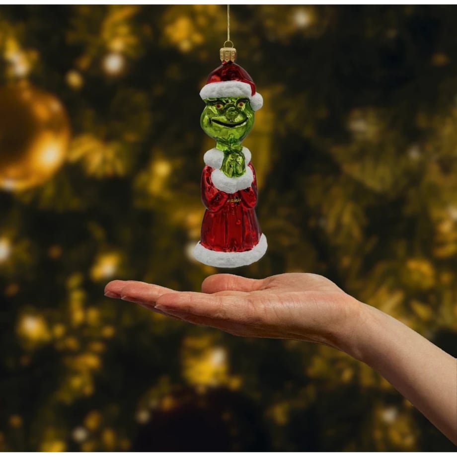 Bombka choinkowa: Grinch w płaszczu Mikołaja: błyszczący
