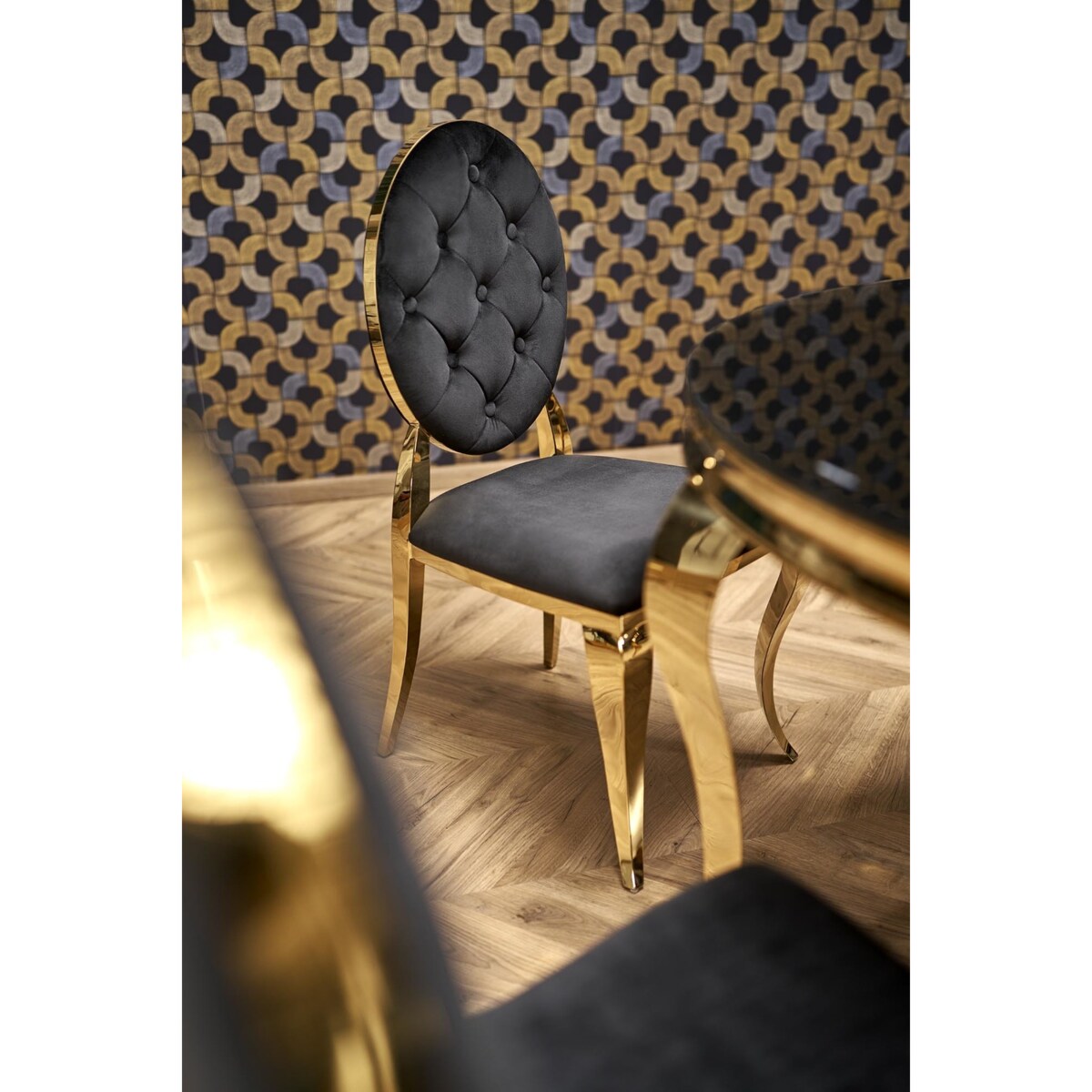 Nowoczesny stół złoty okrągły Glamour Nowojorski Milagros z czarną szybą 120x120x75 / do jadalni