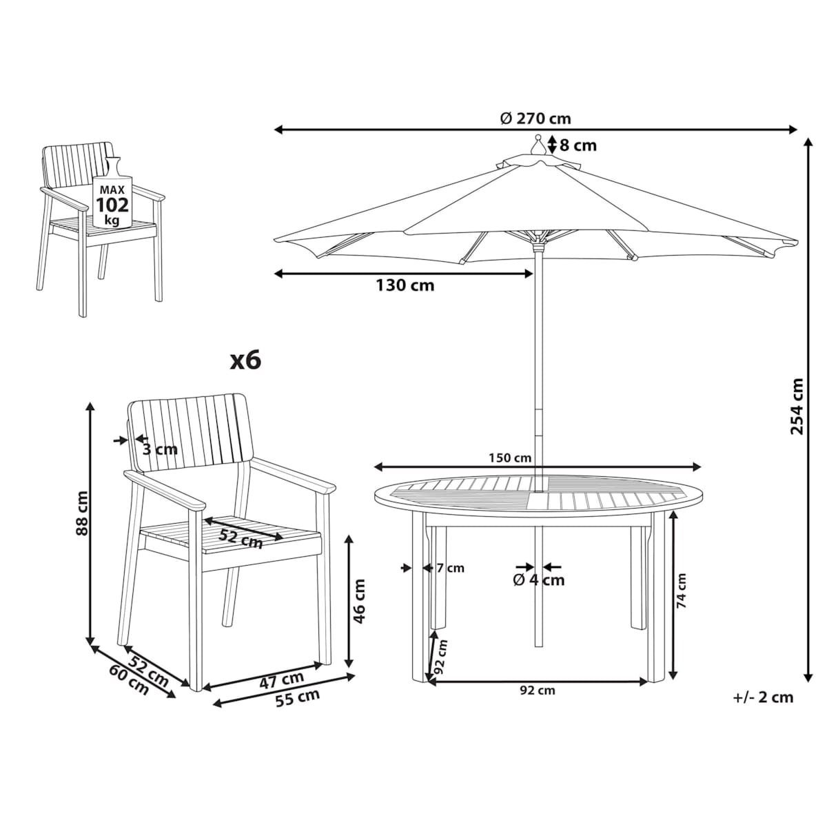 Zestaw ogrodowy dla 6 osób AGELLO z parasolem (12 opcji do wyboru) Drewno akacjowe Brązowy