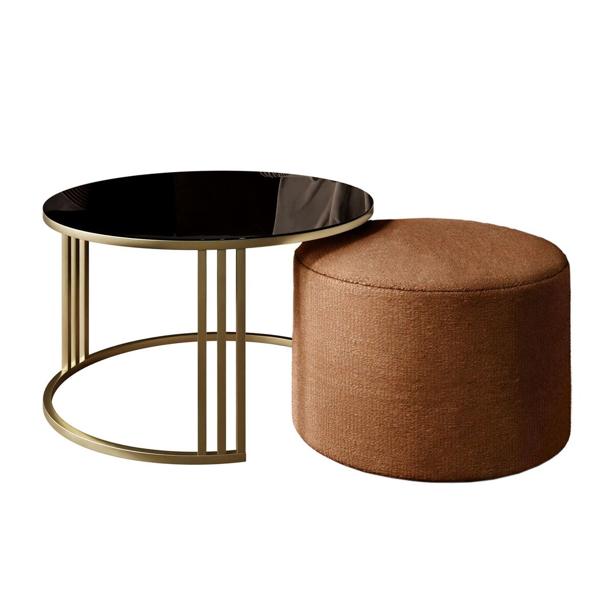 Stolik kawowy z pufą LORI GLASS złoto szczotkowane, czarne szkło / Perfect Harmony 52