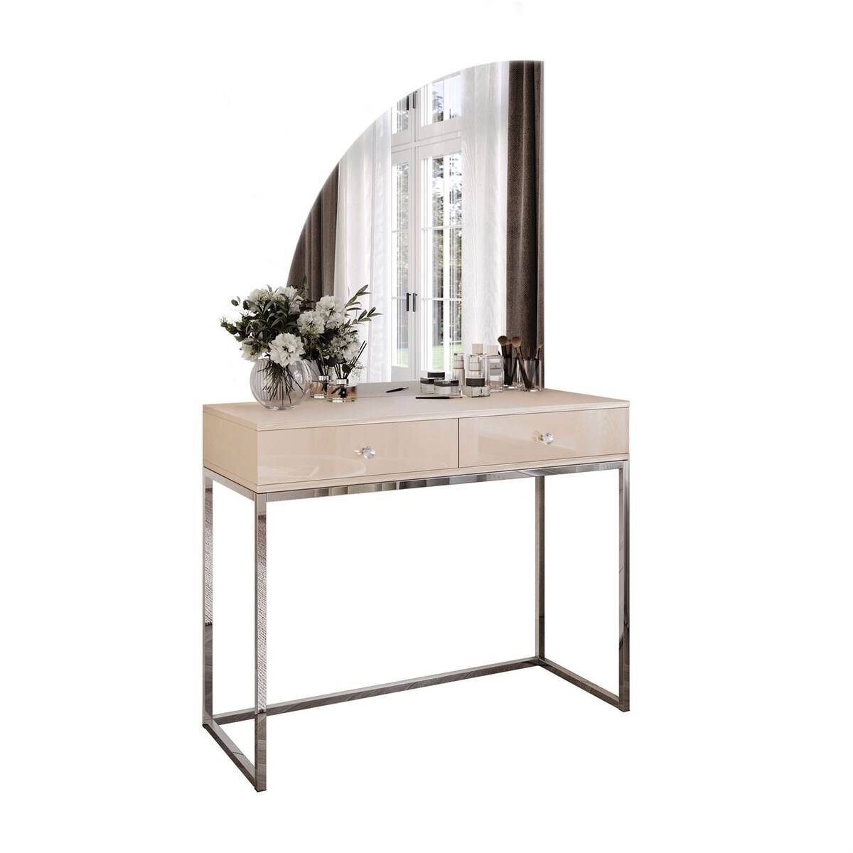 Toaletka kosmetyczna QUINNIE KASZMIR z lustrem LED chrom, lewa, uchwyt biały kryształ