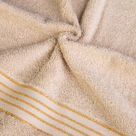 Ręcznik kąpielowy 50x90 cm bawełniany kolor beżowy z bordiurą w złote paski 500 g/m2 TIWANO