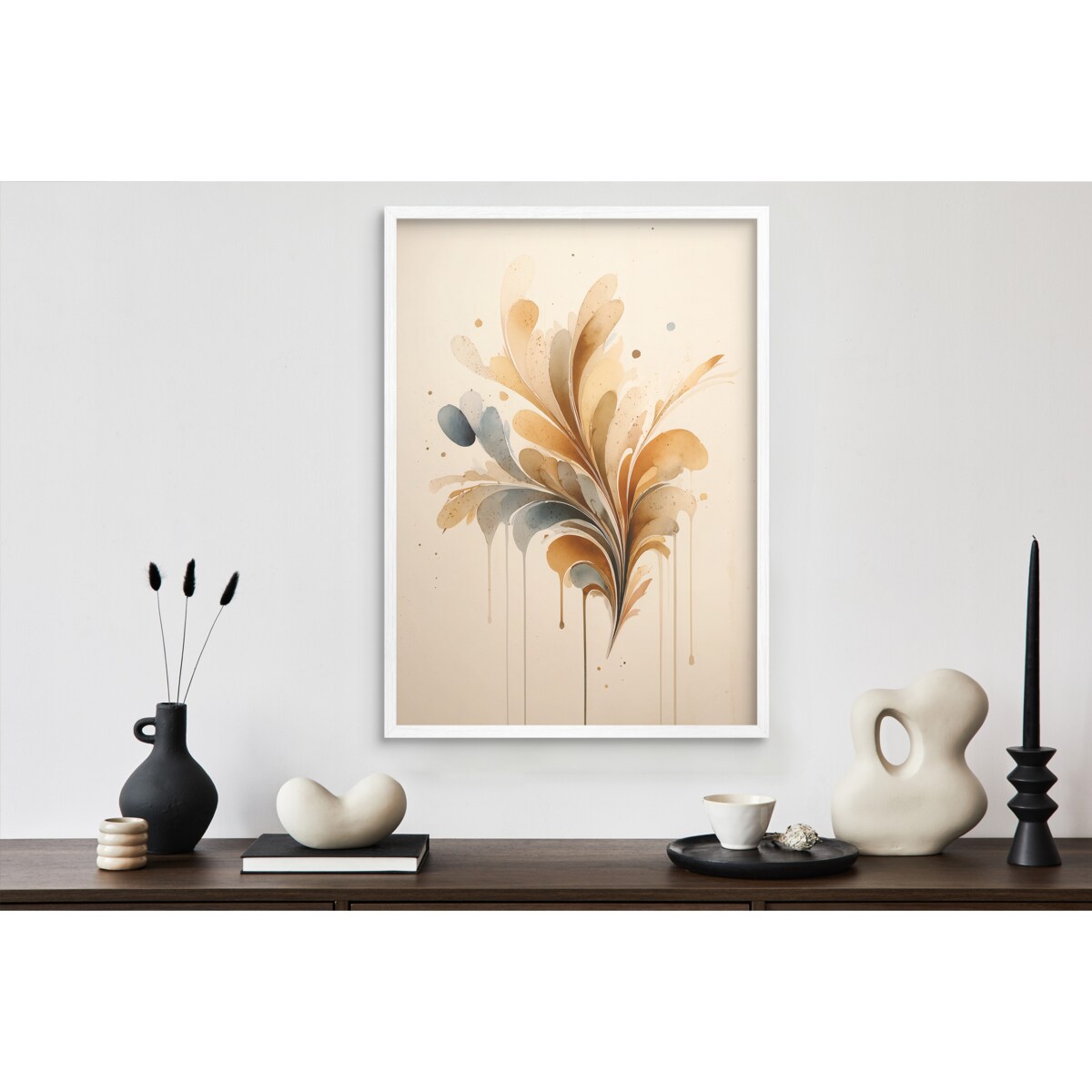 Beżowy Plakat Boho w Złotej Ramie Akwarela Minimalistyczna Abstrakcja Liść