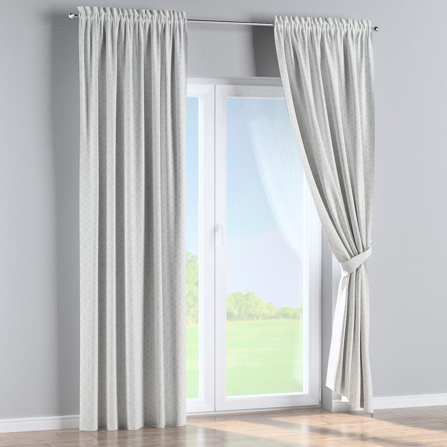 Zasłona na kanale z grzywką 1 szt. 130x260 wzór sześcianów na białym tle