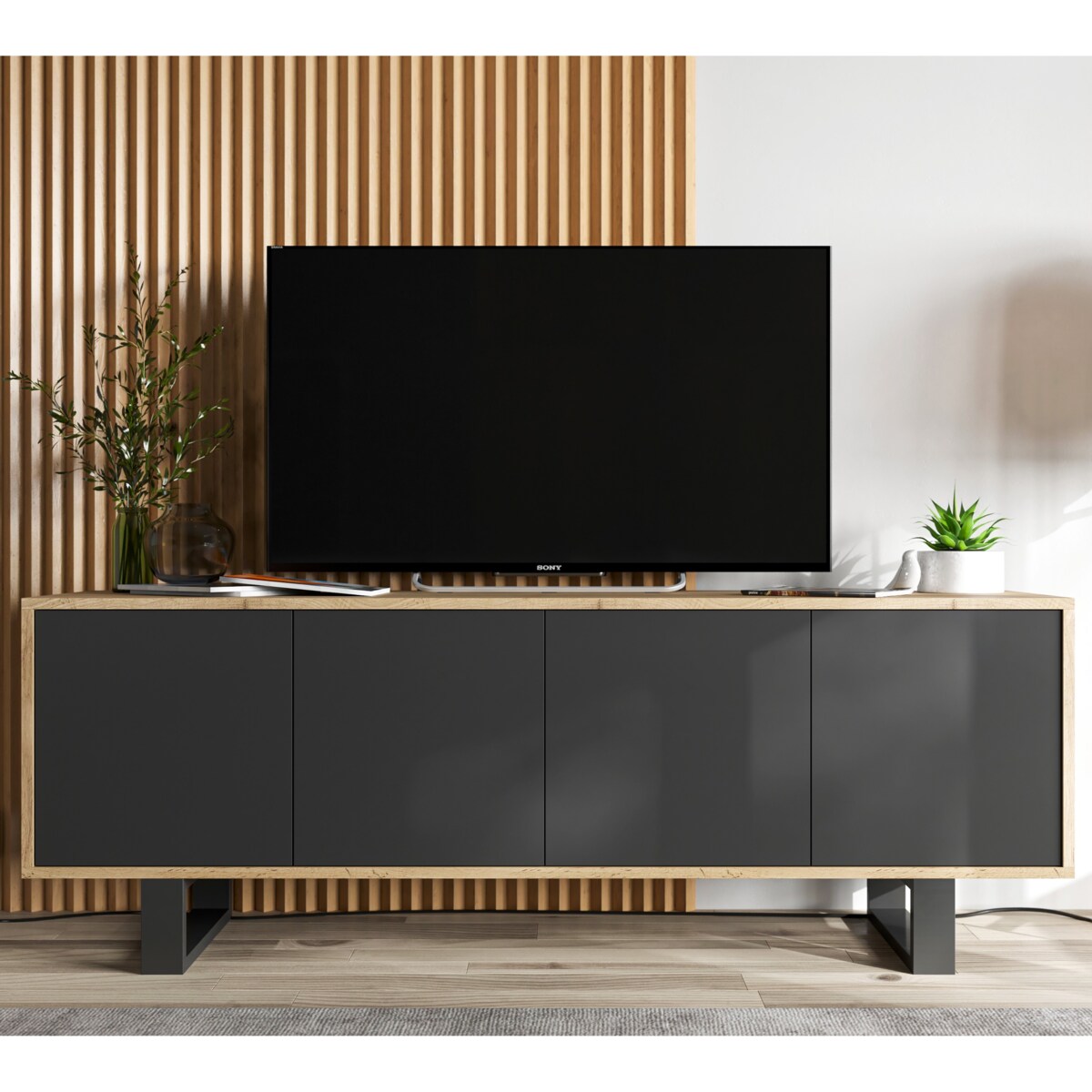 Nowoczesna Szafka RTV Loft Komoda RTV 150 cm Dąb Wotan Czarny MAT