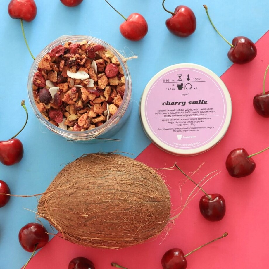Herbata owocowa sypana CHERRY SMILE o smaku tropikalnym z wiśnią i jabłkiem - herbata liściasta sypana mieszanka napar susz - gotowa na prezent upominek