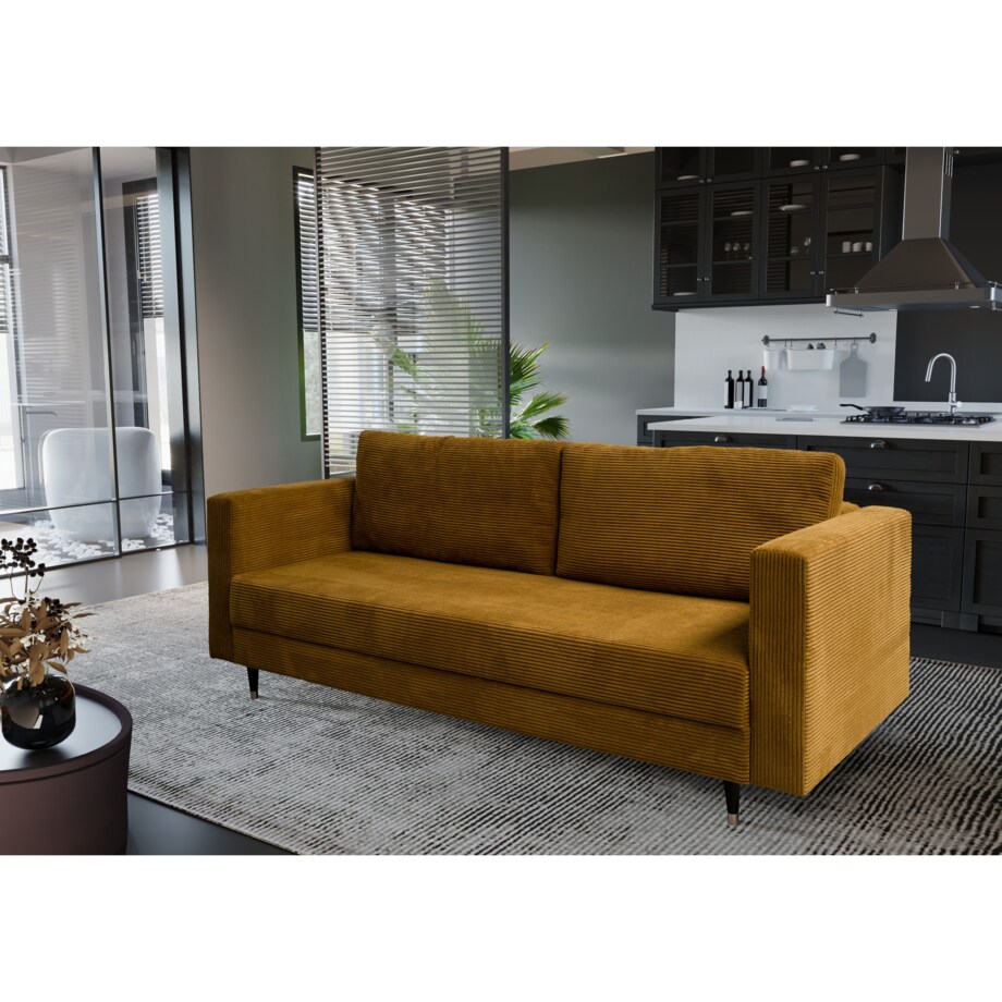 Rozkładana kanapa SONTI w tkannie poso- musztardowa
