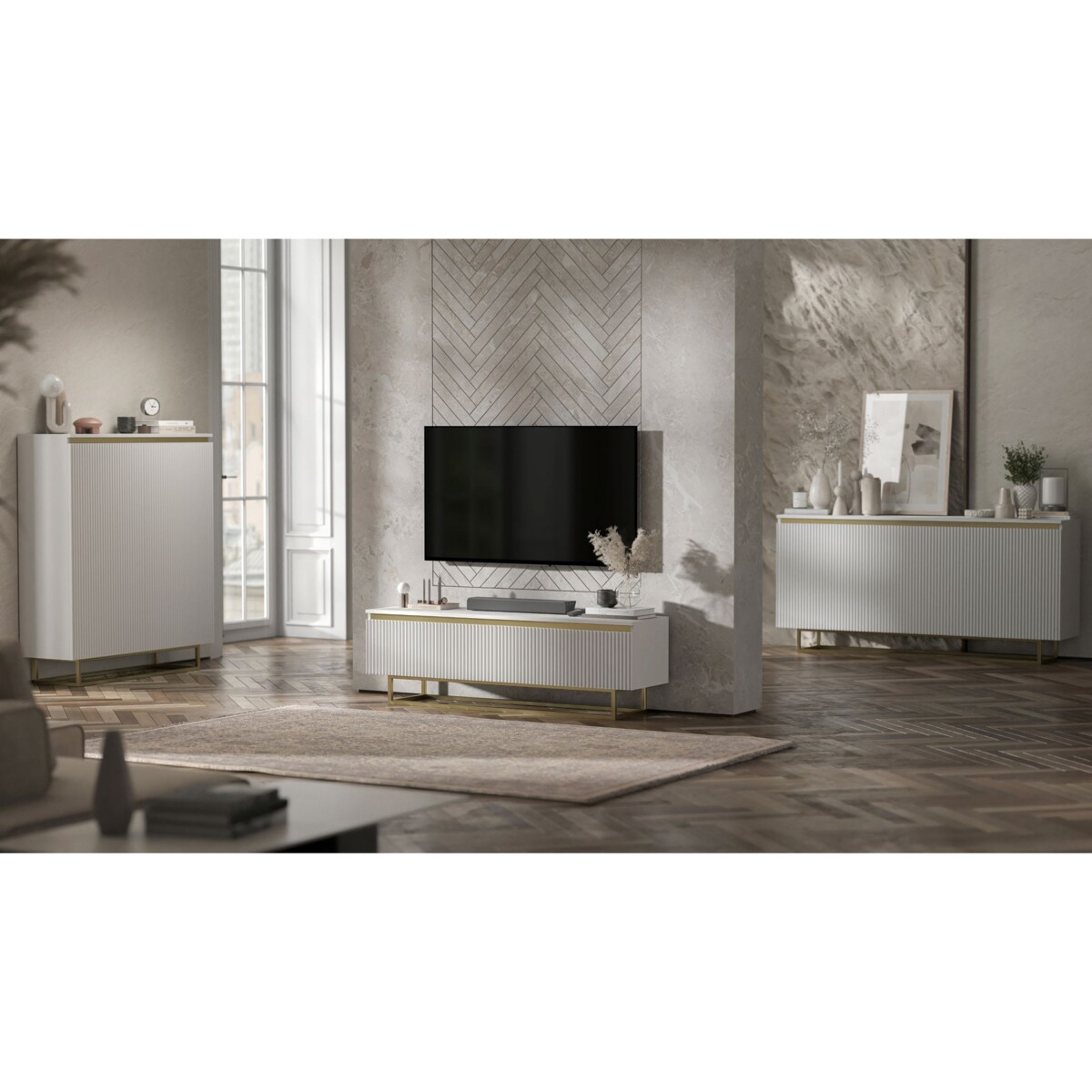 Komoda Glamour Szafka RTV Biały MAT ryflowane fronty złote akcenty 166,8 cm