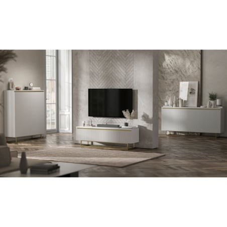 Komoda Glamour Szafka RTV Biały MAT ryflowane fronty złote akcenty 166,8 cm