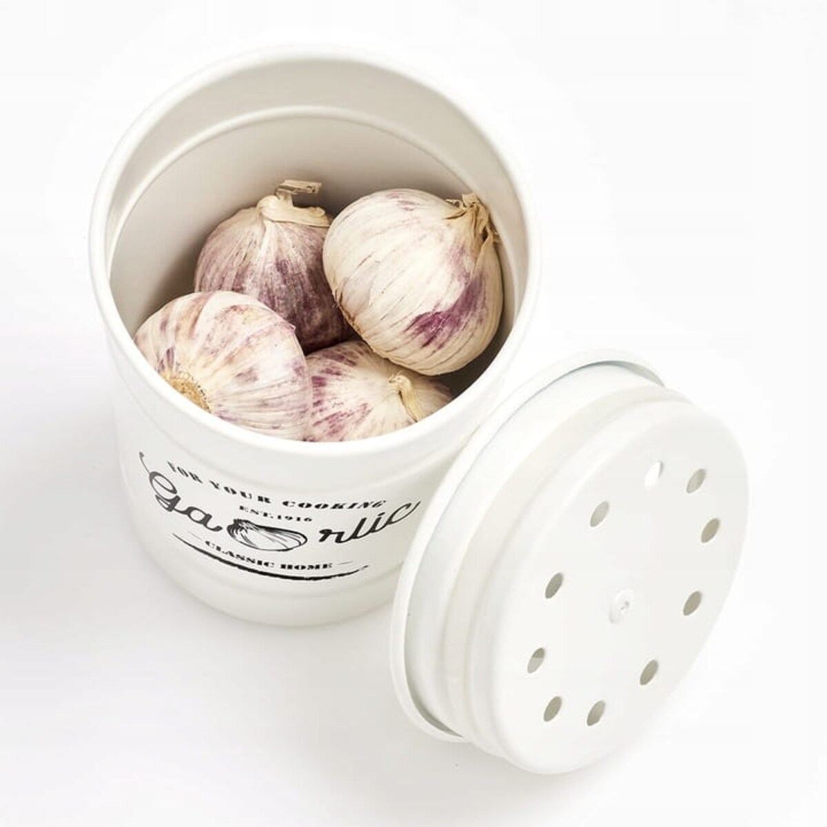 Pojemnik Pudełko Puszka Box na Czosnek metalowy Pokrywką Zeller Biały