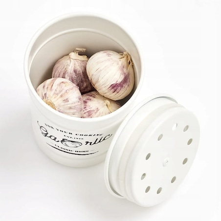 Pojemnik Pudełko Puszka Box na Czosnek metalowy Pokrywką Zeller Biały