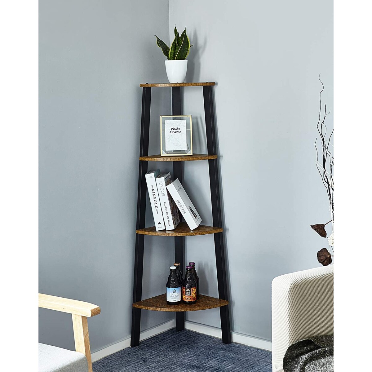 Regał Narożny Półka 45X34X125 Cm Rustykalny Brąz, Czarny