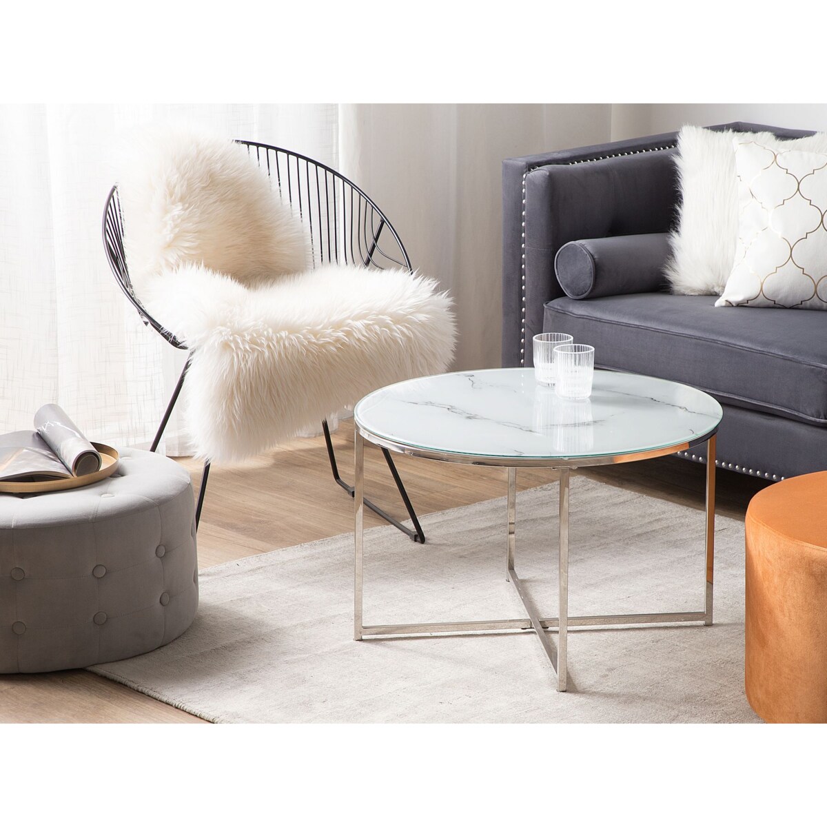 Stolik kawowy QUINCY Szkło hartowane Marmur/ srebrny