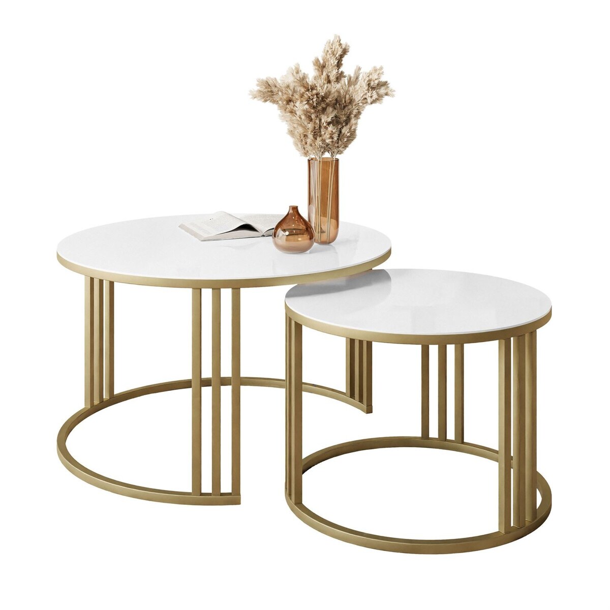 Okrągły stolik kawowy 2w1 LORI złoty mat białe szkło
