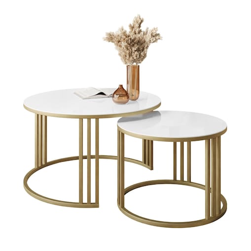 Okrągły stolik kawowy 2w1 LORI złoty mat białe szkło