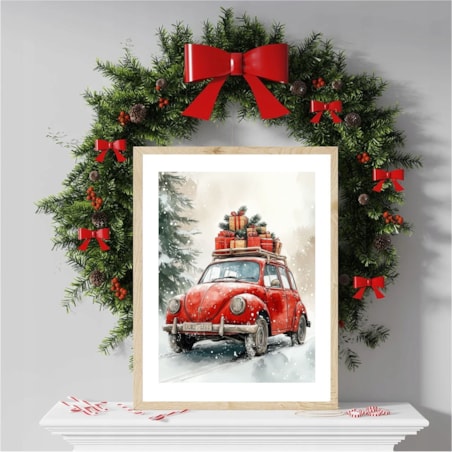 Poster Story, Plakat, Obraz - Świąteczna Podróż Czerwonym Garbusem z Prezentami, wymiary 60 x 84 cm